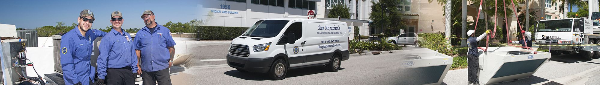 Sean McCutcheon's Service vehicle at a Sarasota home and Sarasota skyline collage.